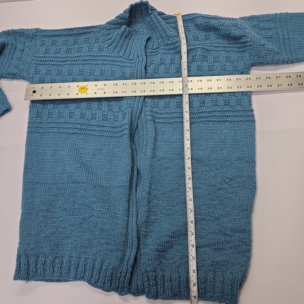 Handmade Vintage Teal Blue Chunky Knit Open Front Cardigan Sweater Women Large - Picture 2 of 3